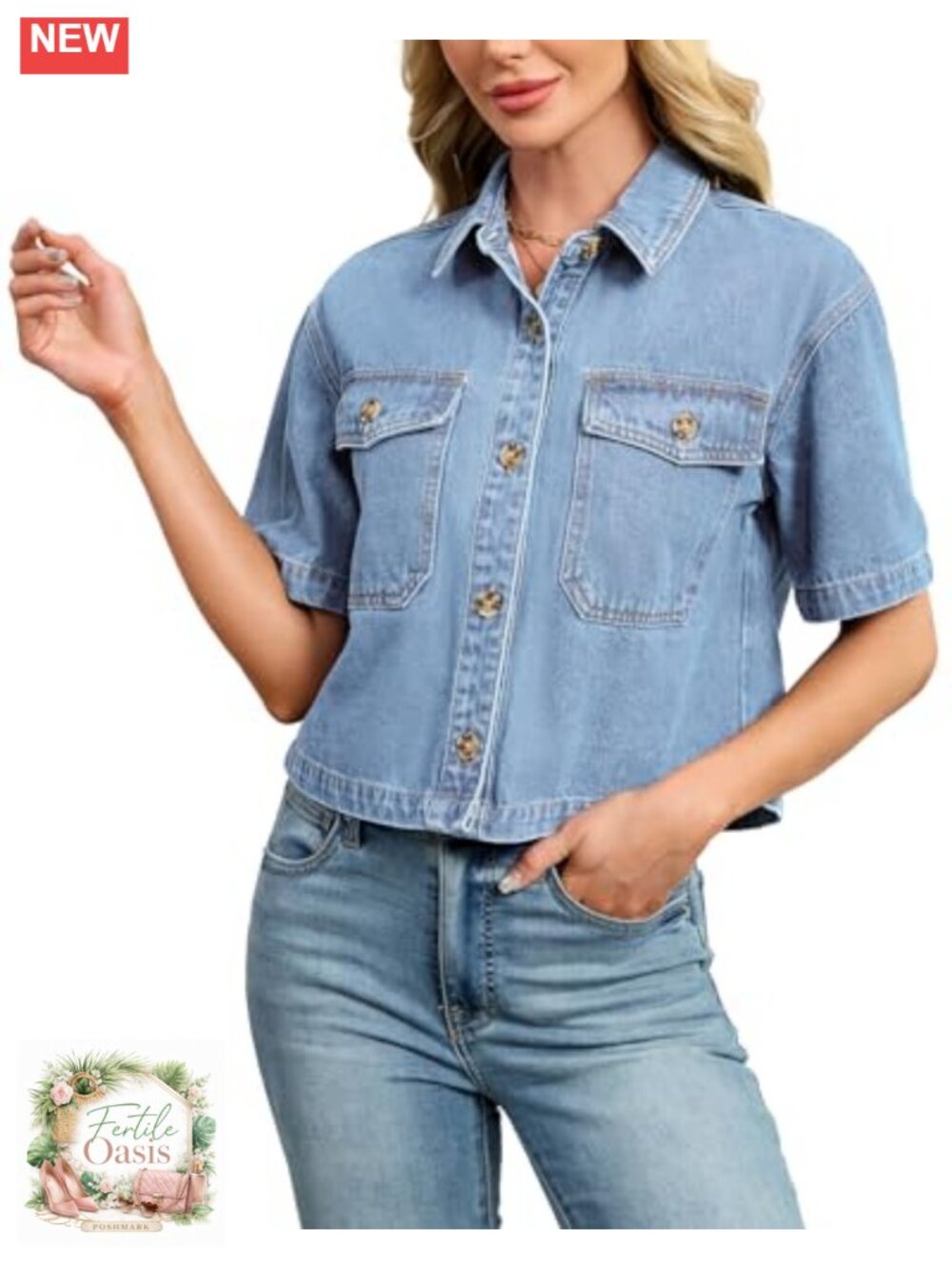 Women's Crop Denim Button Down Shirt Short Sleeve Jean Jacket Trendy Cotton